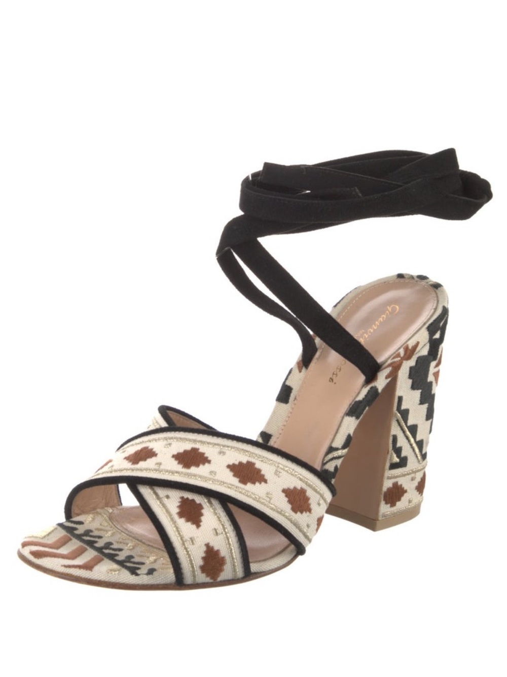 Gianvito Rossi Canvas Patterned Lace-Up Sandals | size 39.5 | Suede Ankle Ties